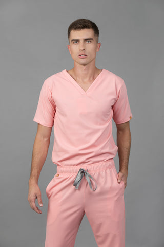 pijama quirurgica color rosa flamingo para hombre corte slim cuello en v